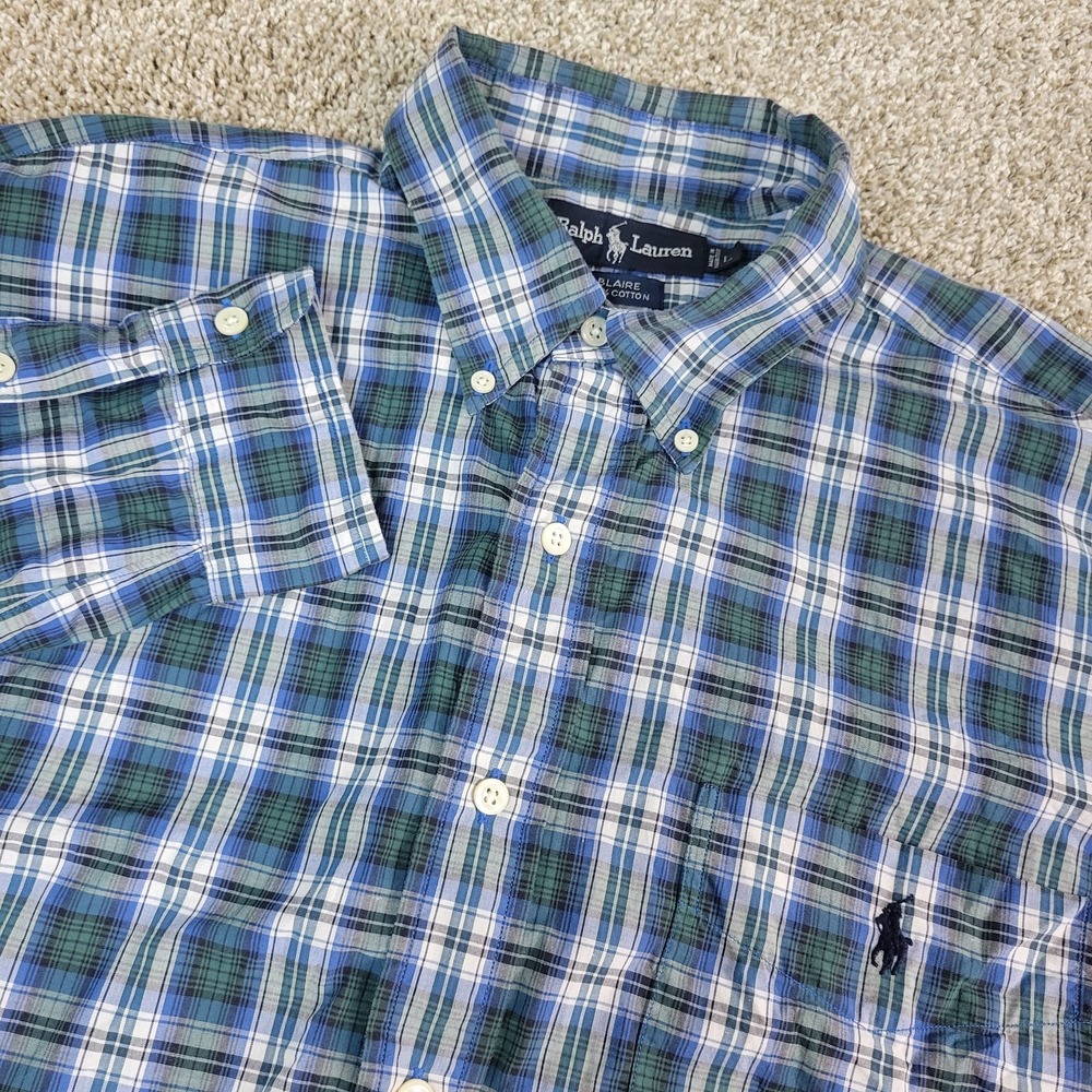 Vintage Ralph Lauren Blaire Mens‎ Large Green Blue Plaid Pony Button Down LS